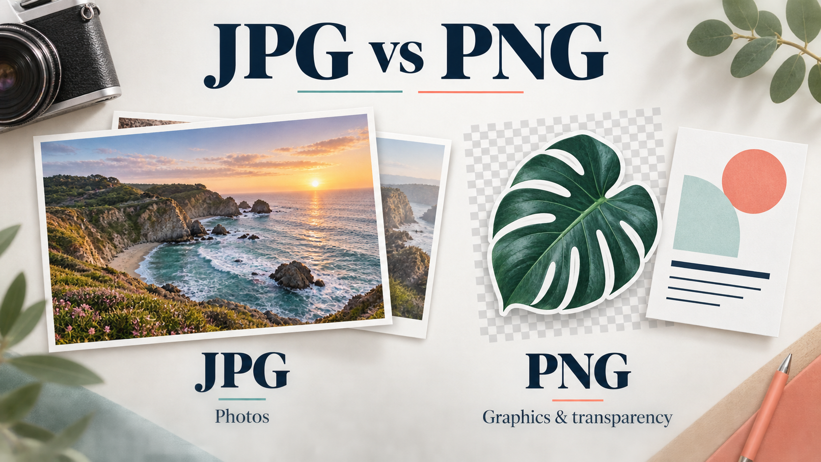 Illustration comparing JPG for photographs with PNG for graphics and transparency.